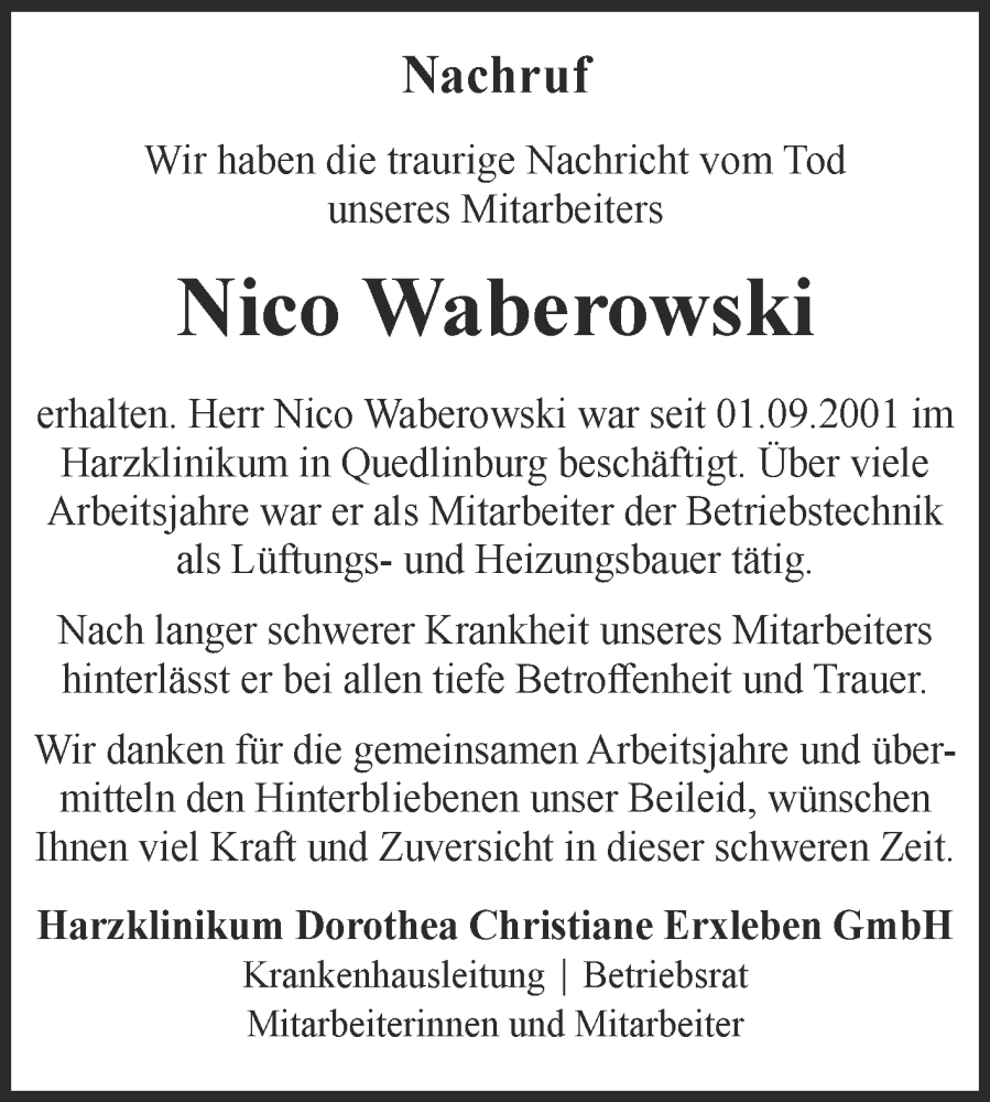  Traueranzeige für Nico Waberowski vom 08.08.2025 aus Mitteldeutsche Zeitung Quedlingburg