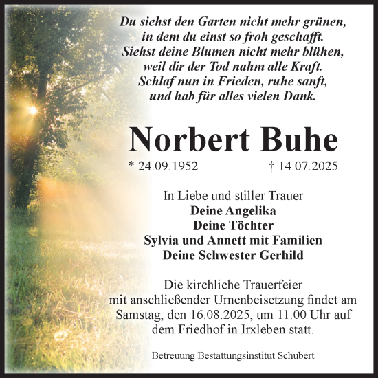 Traueranzeige von Norbert Buhe von Volksstimme Haldensleben/Wolmirstedt