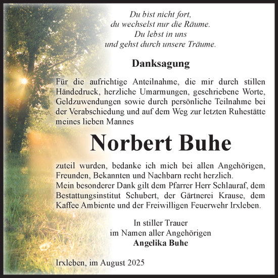 Traueranzeige von Norbert Buhe von Volksstimme Haldensleben/Wolmirstedt