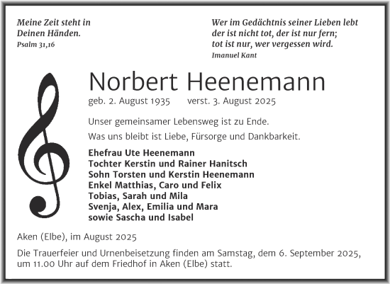 Traueranzeige von Norbert Heenemann von Trauerkombi Köthen