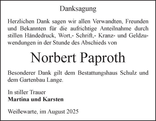 Traueranzeige von Norbert Paproth von Volksstimme Altmark Ost