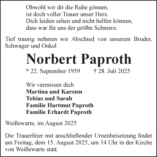 Traueranzeige von Norbert Paproth von Volksstimme Altmark Ost