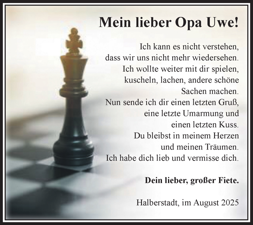  Traueranzeige für Opa UWE  vom 23.08.2025 aus Volksstimme Halberstadt