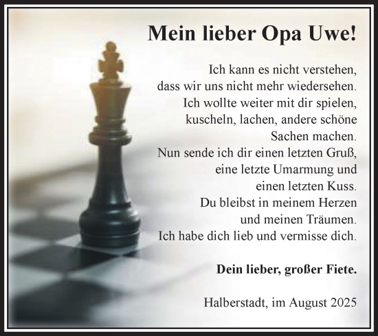 Traueranzeige von Opa UWE  von Volksstimme Halberstadt
