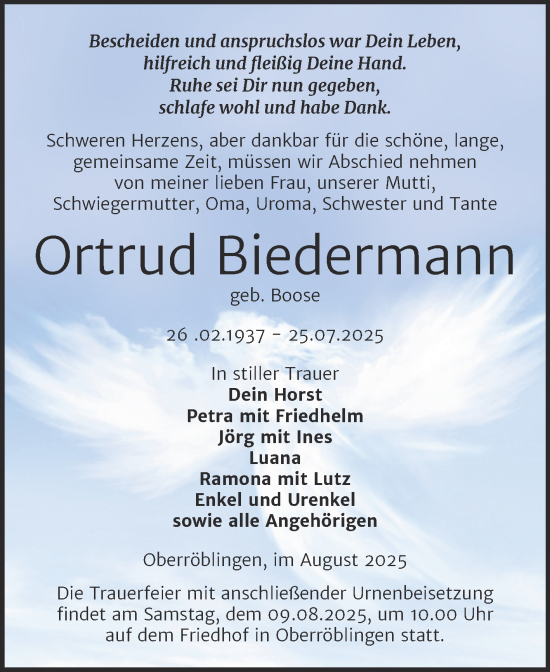 Traueranzeige von Ortrud Biedermann von Trauerkombi Sangerhausen