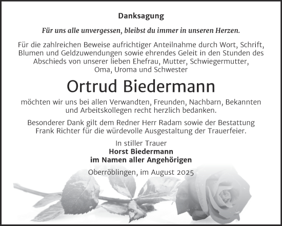 Traueranzeige von Ortrud Biedermann von Trauerkombi Sangerhausen