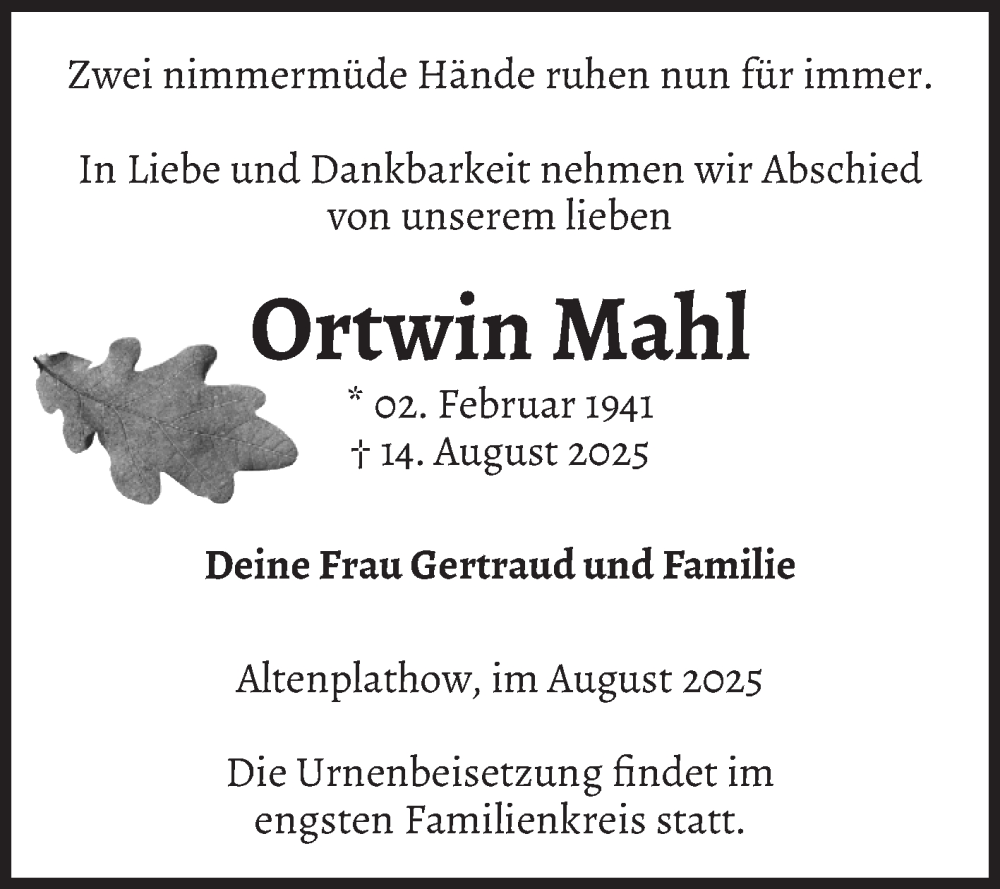  Traueranzeige für Ortwin Mahl vom 23.08.2025 aus Volksstimme Burg/Genthin