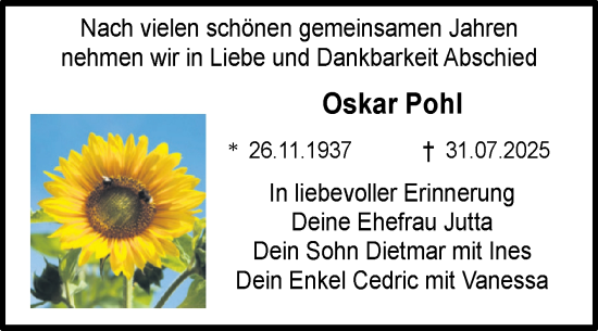 Traueranzeige von Oskar Pohl von Trauerkombi Dessau