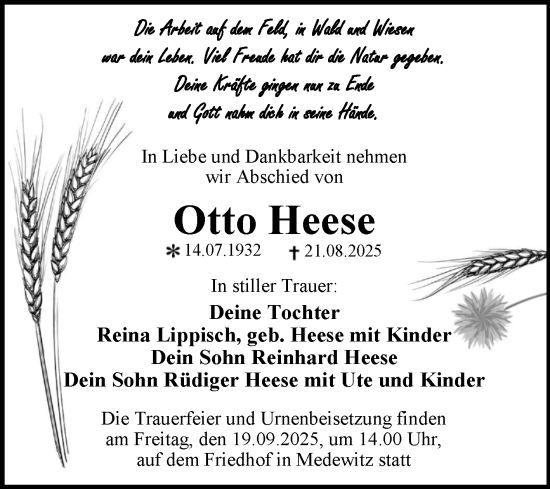 Traueranzeige von Otto Heese von Trauerkombi Wittenberg