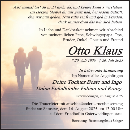 Traueranzeige von Otto Klaus von Volksstimme Oschersleben/Wanzleben