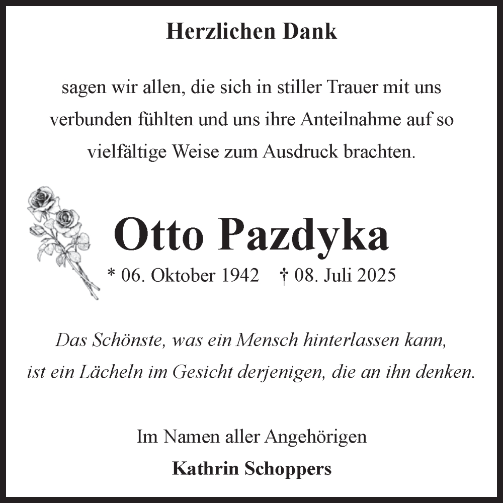 Traueranzeige für Otto Pazdyka vom 09.08.2025 aus Volksstimme Oschersleben/Wanzleben