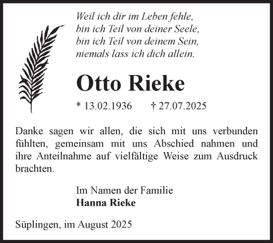 Traueranzeige von Otto Rieke von Volksstimme Haldensleben/Wolmirstedt