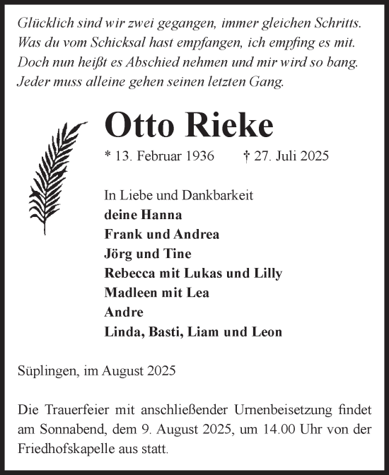 Traueranzeige von Otto Rieke von Volksstimme Haldensleben/Wolmirstedt