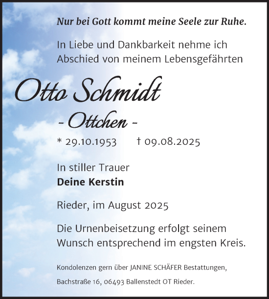 Traueranzeige von Otto Schmidt von Trauerkombi Quedlinburg