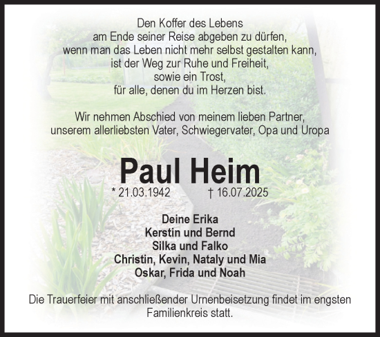 Traueranzeige von Paul Heim von Volksstimme Altmark Ost