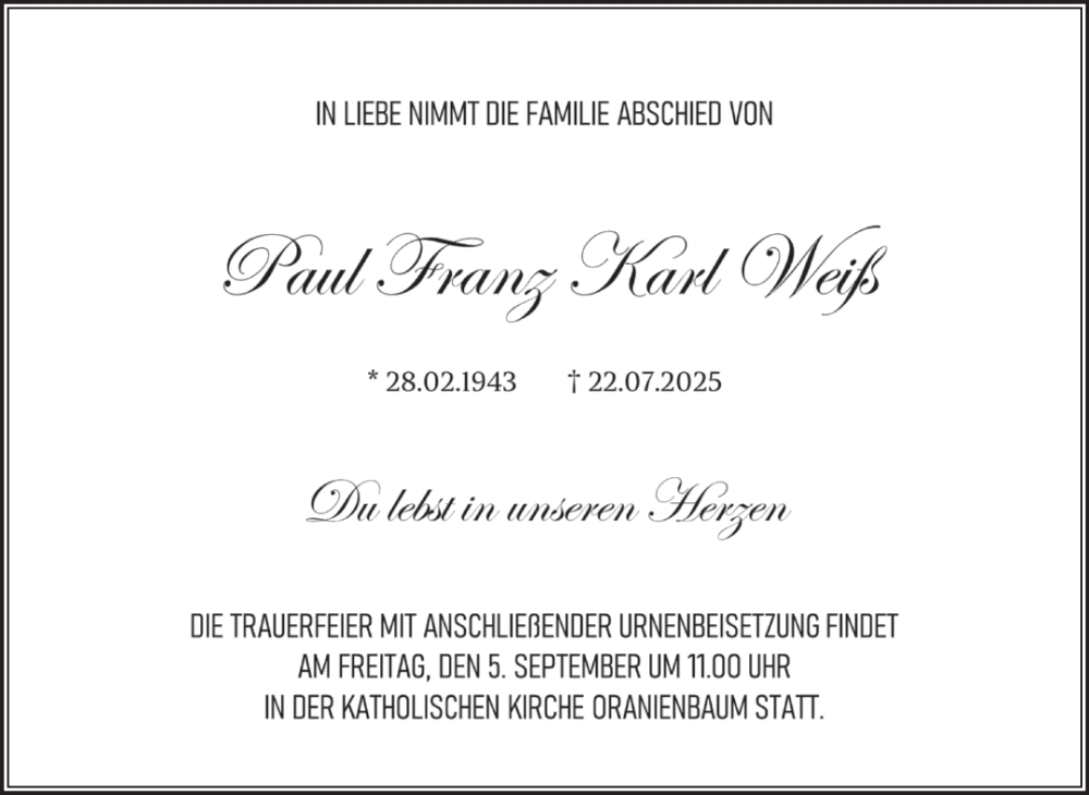  Traueranzeige für Paul Franz Karl Weiß vom 16.08.2025 aus Trauerkombi Wittenberg