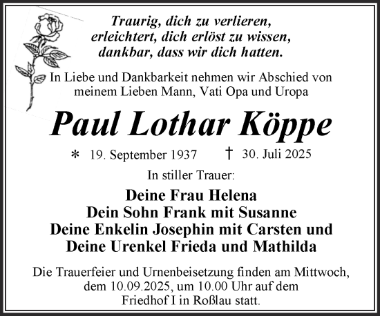 Traueranzeige von Paul Lothar Köppe von Trauerkombi Dessau