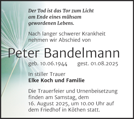 Traueranzeige von Peter Bandelmann von Trauerkombi Köthen