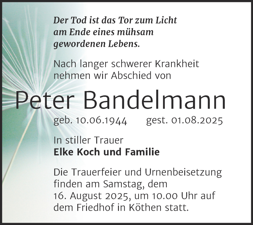  Traueranzeige für Peter Bandelmann vom 09.08.2025 aus Trauerkombi Köthen