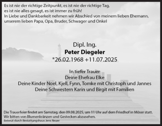 Traueranzeige von Peter Diegeler von Volksstimme Burg/Genthin