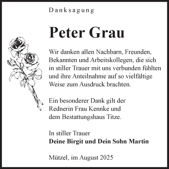 Traueranzeige von Peter Grau von Volksstimme Burg/Genthin