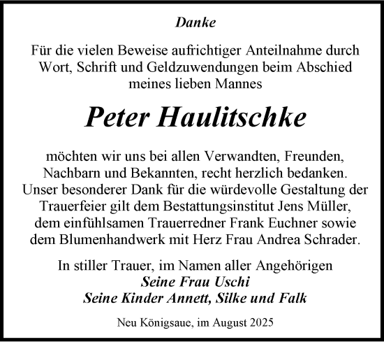 Traueranzeige von Peter Haulitschke von Trauerkombi Aschersleben