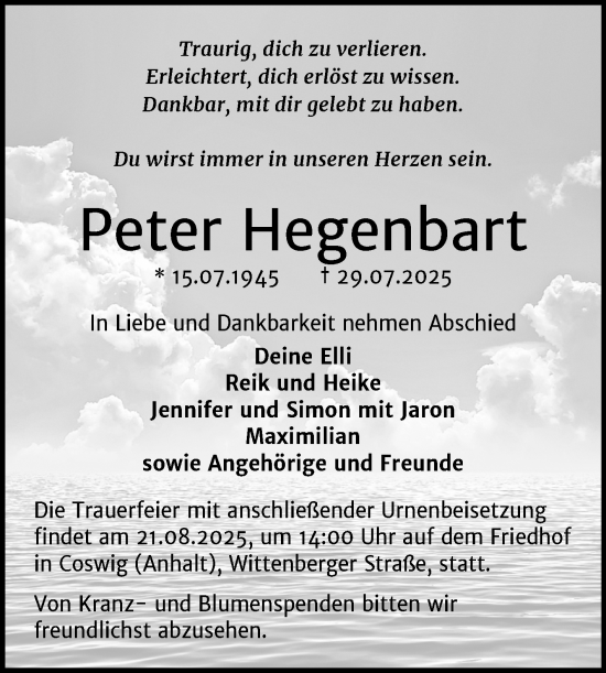 Traueranzeige von Peter Hegenbart von Trauerkombi Wittenberg