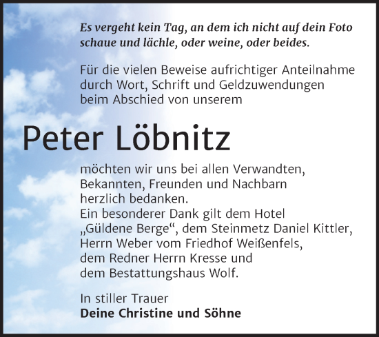 Traueranzeige von Peter Löbnitz von Trauerkombi Weißenfels