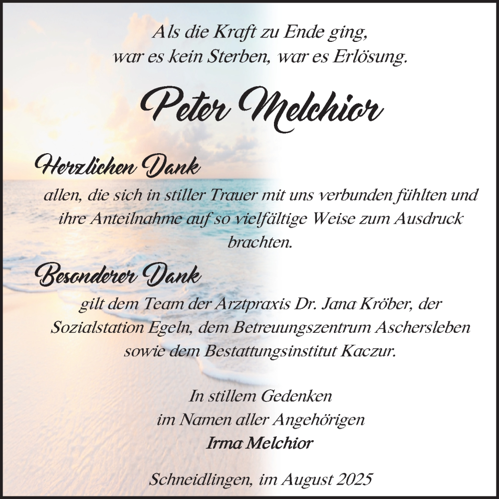  Traueranzeige für Peter Melchior vom 16.08.2025 aus 