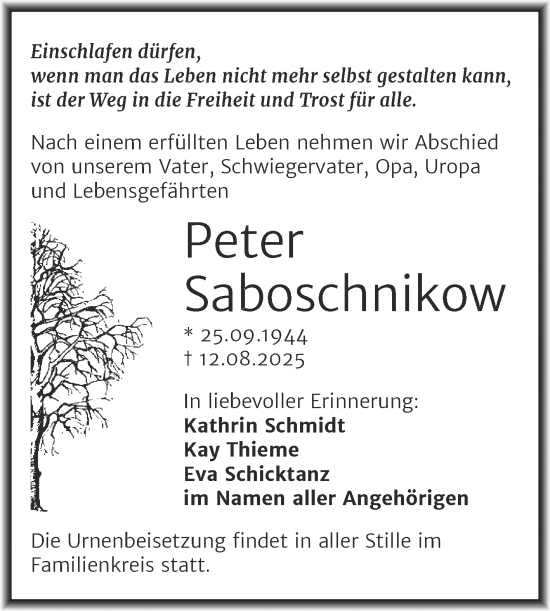 Traueranzeige von Peter Saboschnikow von Trauerkombi Mansfelder Land