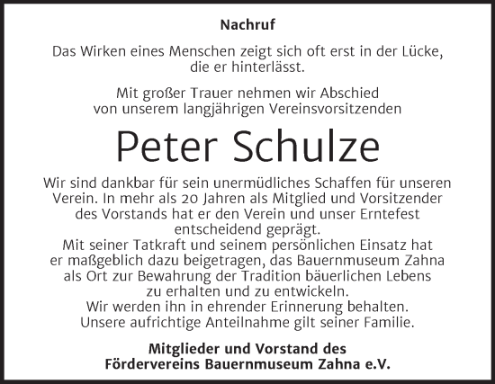 Traueranzeige von Peter Schulze von Trauerkombi Wittenberg