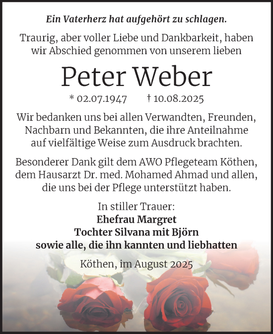 Traueranzeige von Peter Weber von Trauerkombi Köthen