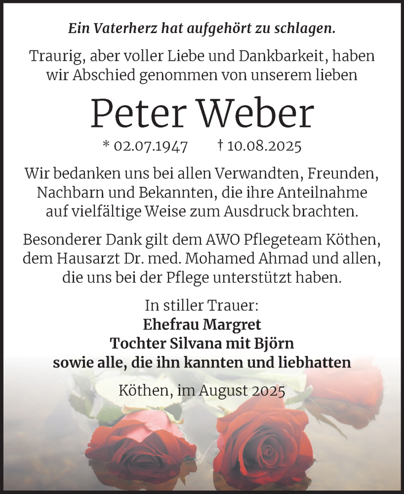  Traueranzeige für Peter Weber vom 30.08.2025 aus Trauerkombi Köthen
