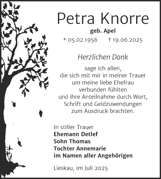 Traueranzeige von Petra Knorre von Mitteldeutsche Zeitung Halle/Saalkreis