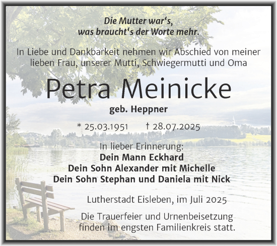 Traueranzeige von Petra Meinicke von Trauerkombi Mansfelder Land
