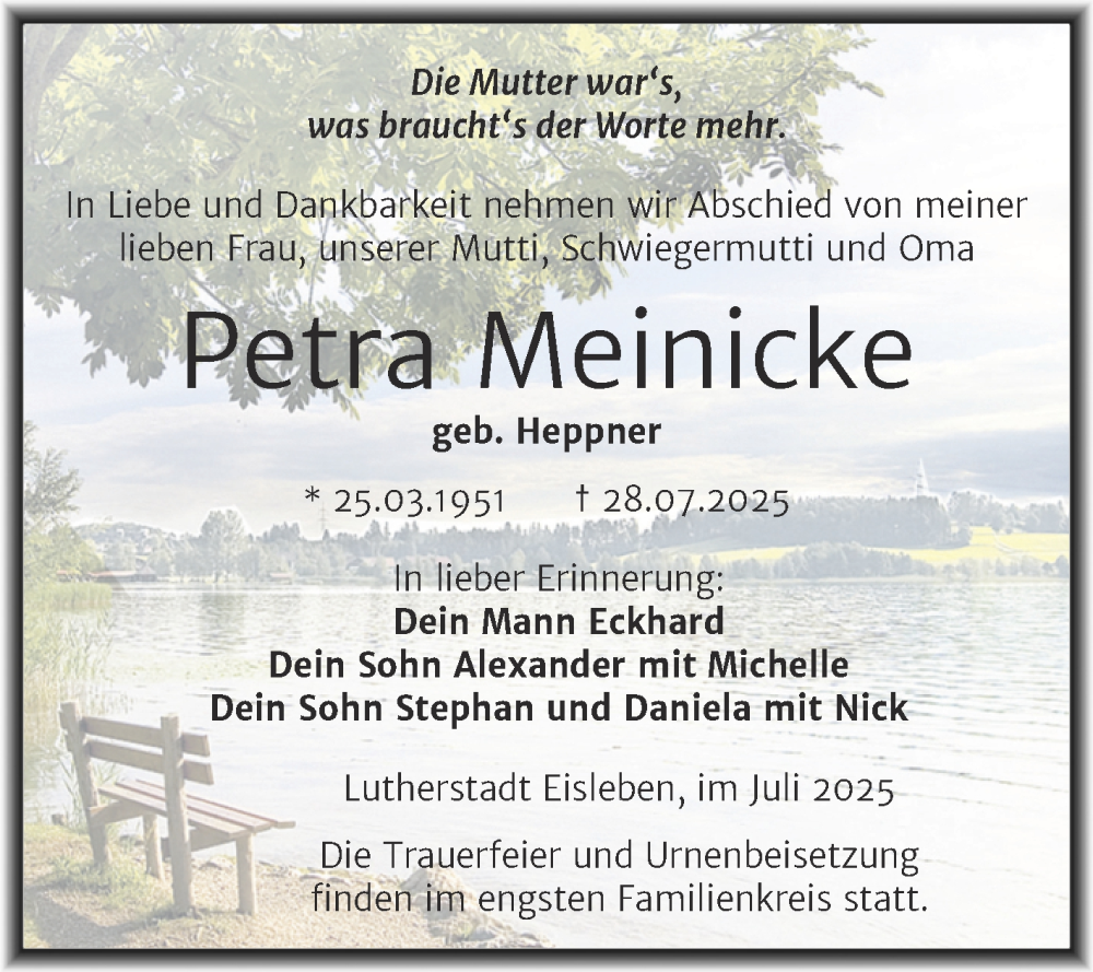  Traueranzeige für Petra Meinicke vom 09.08.2025 aus Trauerkombi Mansfelder Land