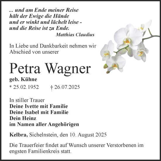 Traueranzeige von Petra Wagner von Trauerkombi Sangerhausen