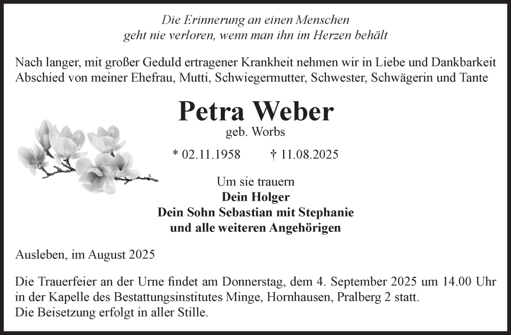  Traueranzeige für Petra Weber vom 16.08.2025 aus Volksstimme Oschersleben/Wanzleben