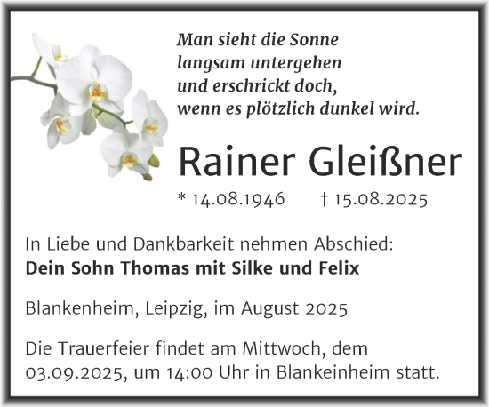 Traueranzeige von Rainer Gleißner von Trauerkombi Sangerhausen