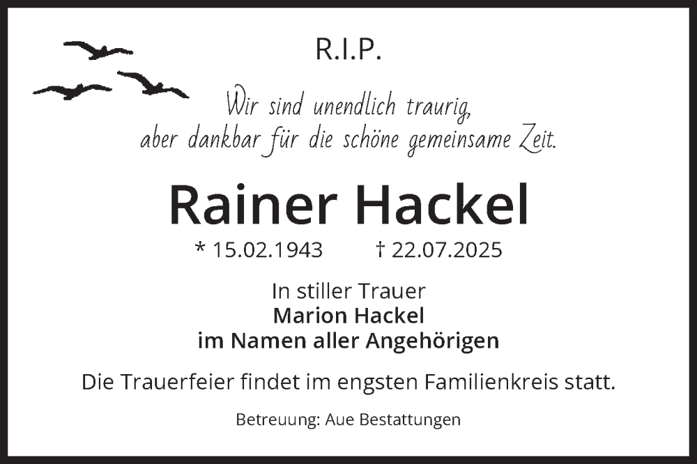  Traueranzeige für Rainer Hackel vom 02.08.2025 aus Volksstimme Magdeburg