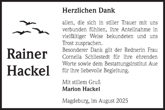 Traueranzeige von Rainer Hackel von Volksstimme Magdeburg