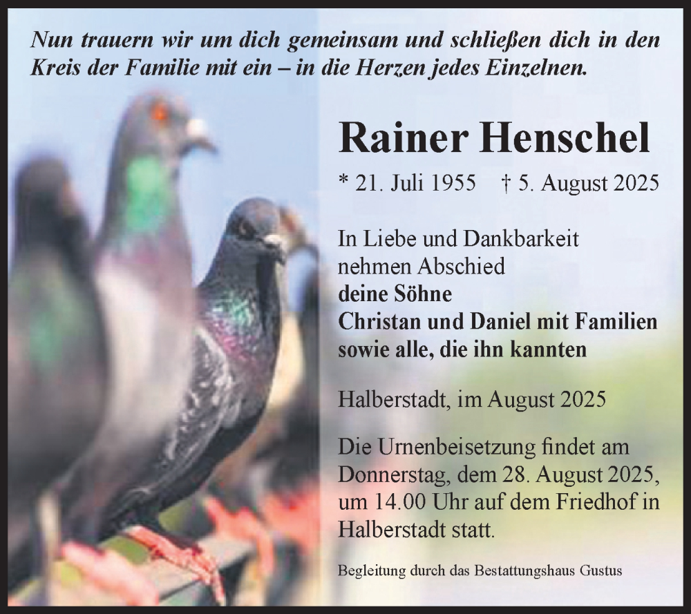  Traueranzeige für Rainer Henschel vom 16.08.2025 aus Volksstimme Halberstadt