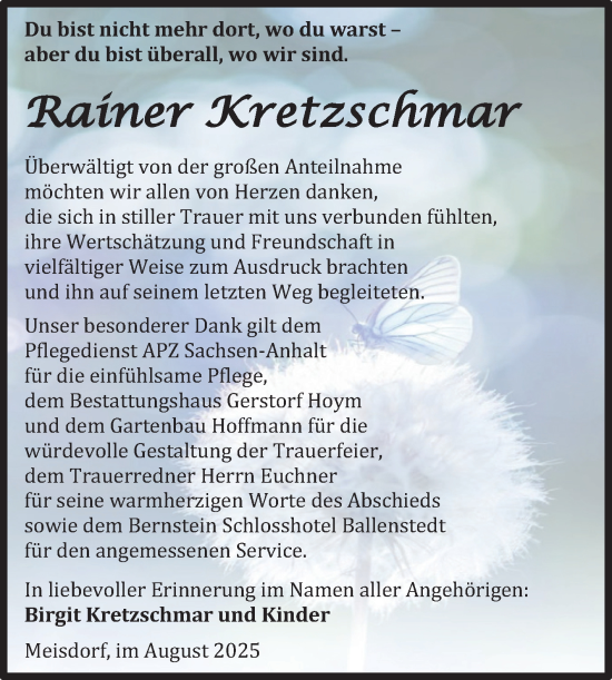 Traueranzeige von Rainer Kretzschmar von Trauerkombi Aschersleben