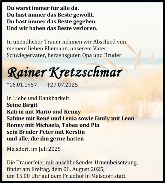 Traueranzeige von Rainer Kretzschmar von Trauerkombi Aschersleben
