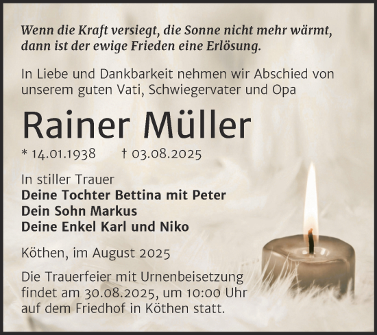 Traueranzeige von Rainer Müller von Trauerkombi Köthen