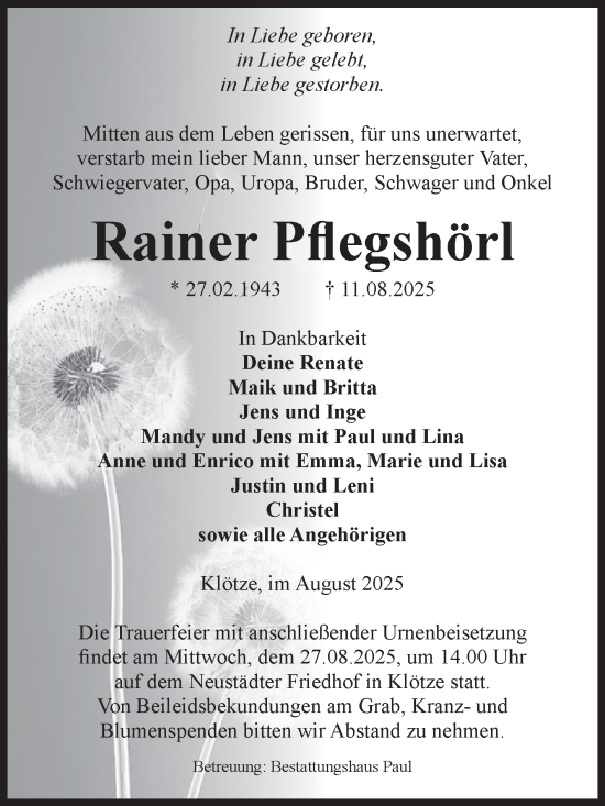 Traueranzeige von Rainer Pflegshörl von Volksstimme Altmark West