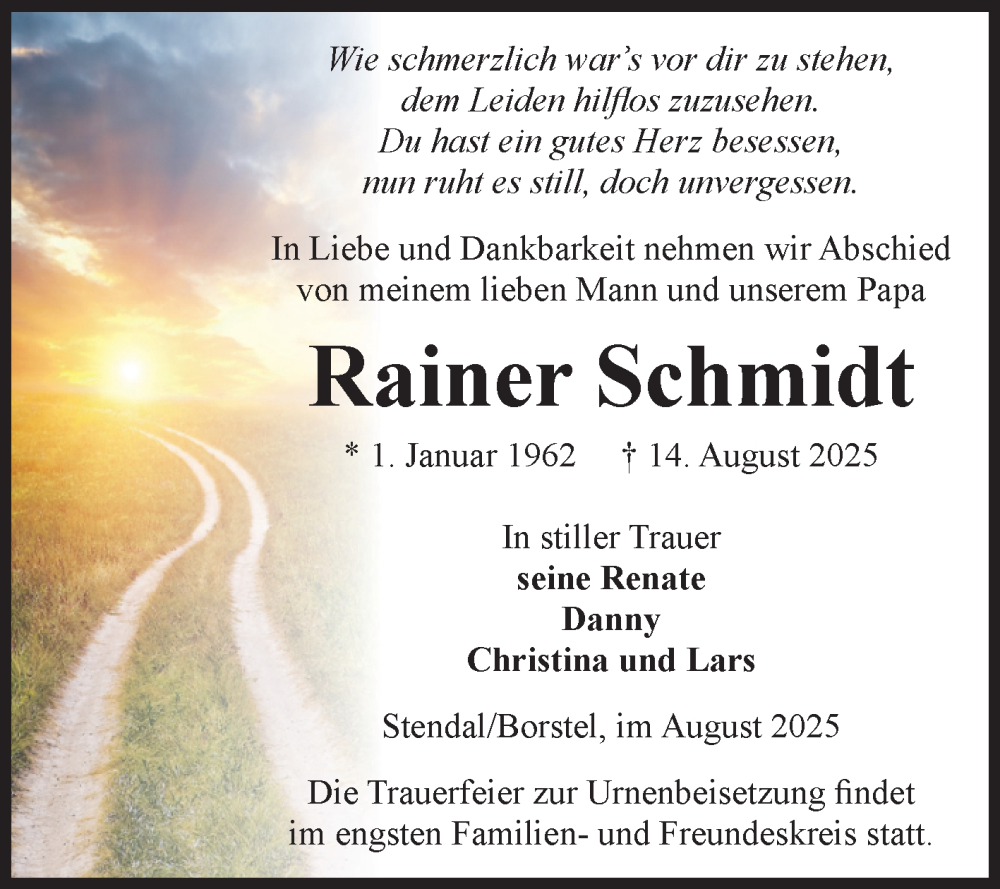  Traueranzeige für Rainer Schmidt vom 23.08.2025 aus Volksstimme Altmark Ost