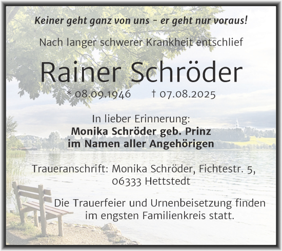 Traueranzeige von Rainer Schröder von Trauerkombi Mansfelder Land