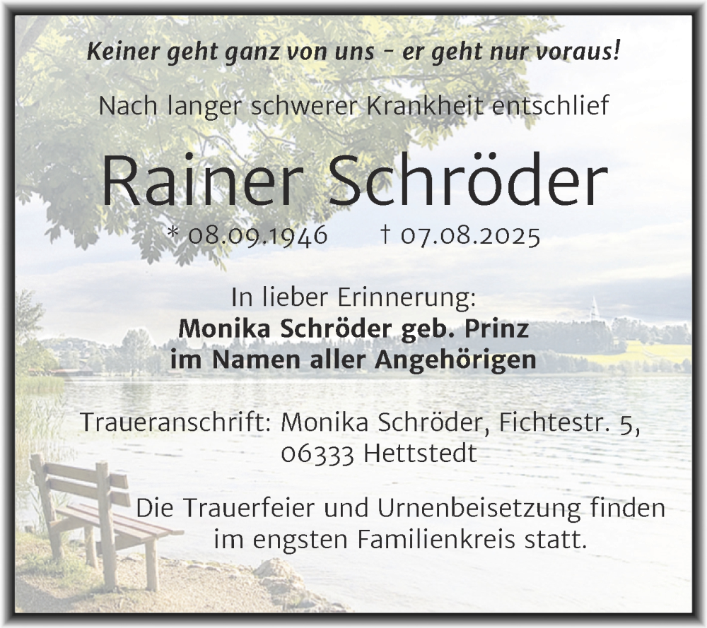  Traueranzeige für Rainer Schröder vom 16.08.2025 aus Trauerkombi Mansfelder Land