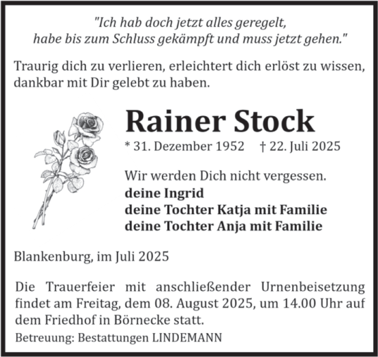Traueranzeige von Rainer Stock von Volksstimme Wernigerode